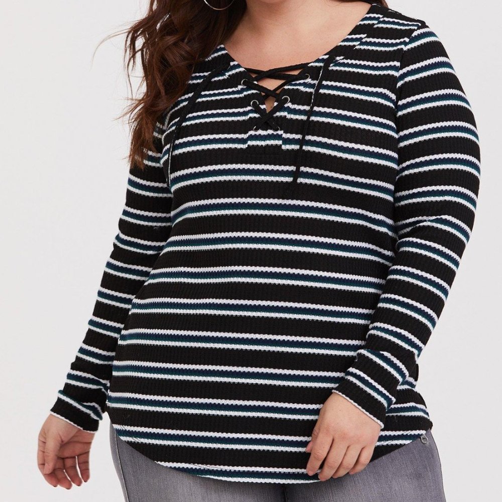 Torrid 3 3X Black Blue Striped Knit V-Neck Lace-Up Long Sleeve Thermal Top Plus